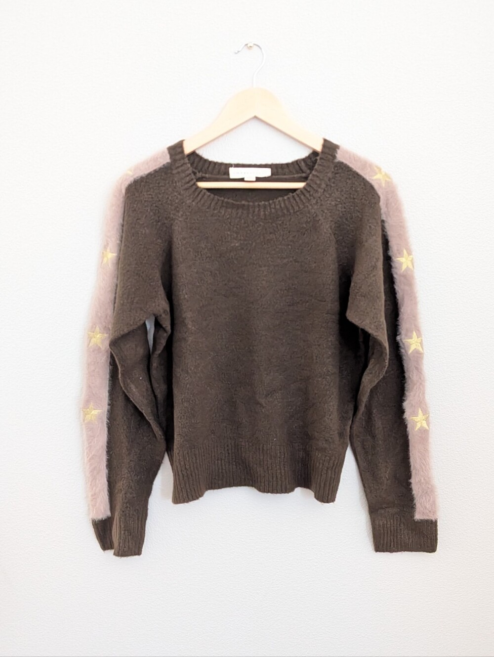 Lovestitch Brown Crewneck Sweater with Gold Star-Trim Sleeves